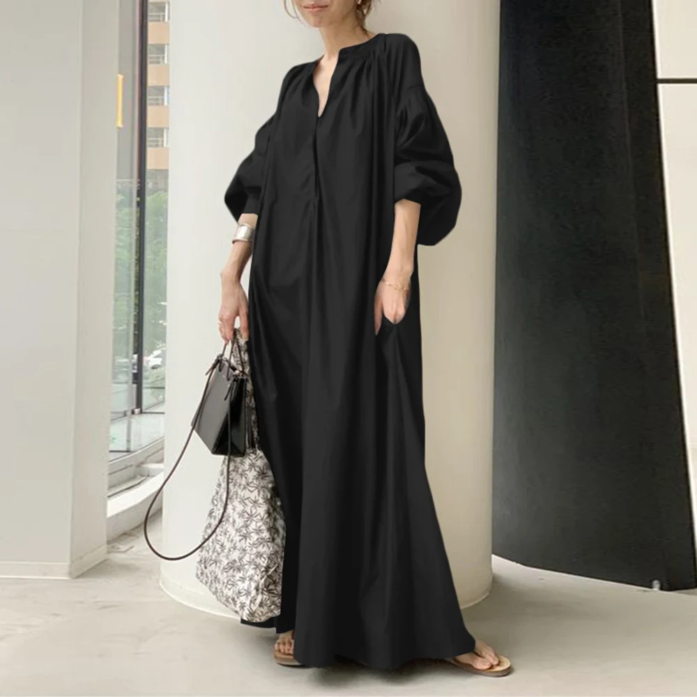 

Nine Points Sleeve Ankle-Length Pleated A-Line Women's Dress