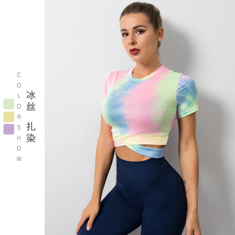 

New summer Yoga suit large fitness top open navel tie dyed short sleeve sports T-shirt