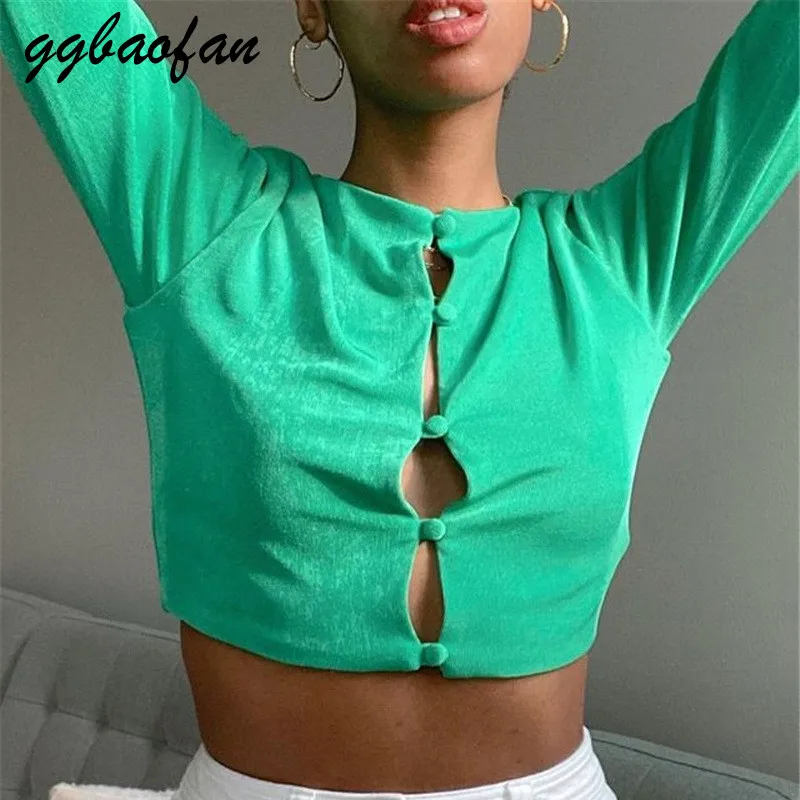 

Ggbaofan Long Sleeve Green Vintage O-Neck Chic Shirts For Women Tops Blouses Button Up Top Cardigan Skinny Streetwear Spring