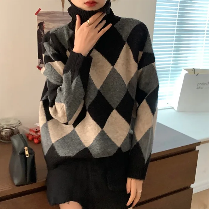 

necked sweater women winter 2020 new Korean version lazy wind loose rhombic long sleeve T-shirt versatile top fashion