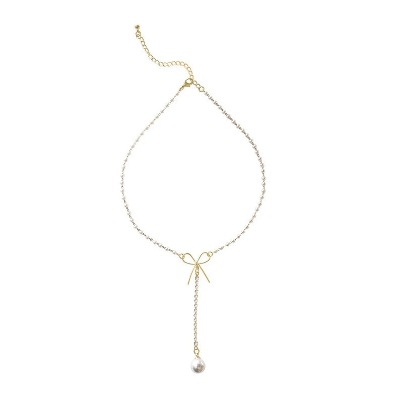 

COSYOO Romantic Rhinestone Bow Necklace Sweater Clavicle Chain Faux Pearl Temperament Adjustable Pendant Woman Wedding Gift