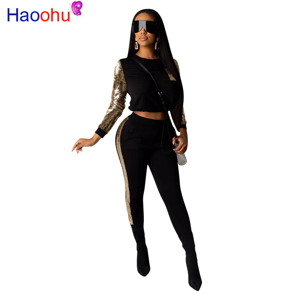 

HAOOHU Sequin Splice Two Piece Set Women Tracksuit Fall Winter Festival Clothes Crop Top Pant Sweat Suits 2 Piece Club Outfits