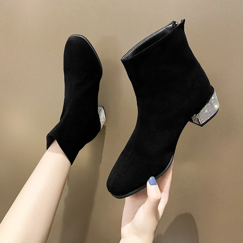 Boots For Women Shoes Femenino Autumn Female British Style Flock Rhinestone Heels Bling Ankle Boots Elegant Lady Boots Feminine