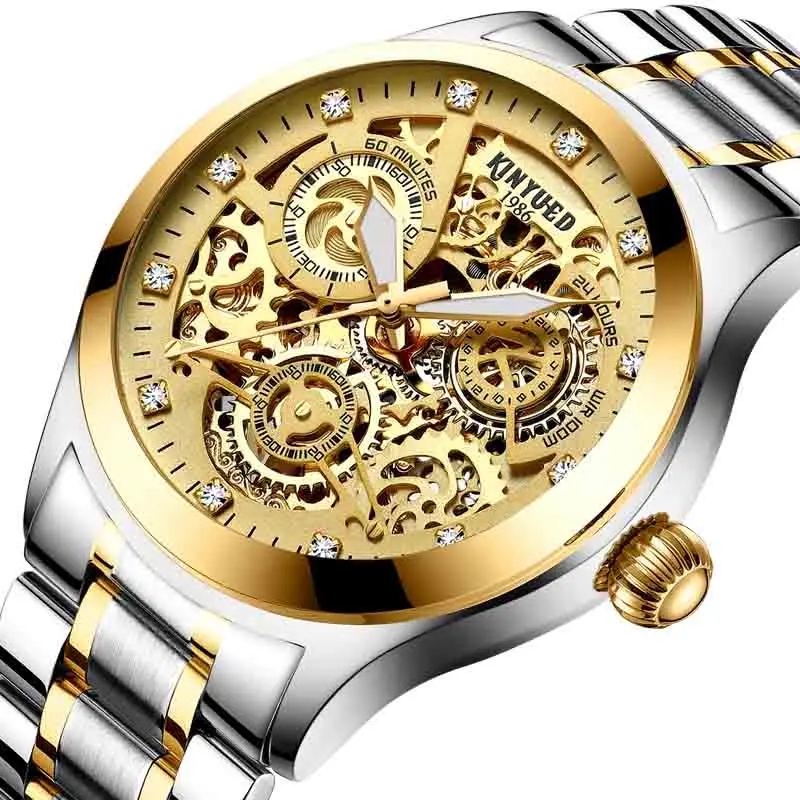 Gold Silver Steel KINYUED Мужские автоматические механические часы с ветром, светящаяся вакуумная кофеварка, мужские золотые водонепроницаемые horloges mannen - Цвет: Gold Silver Steel