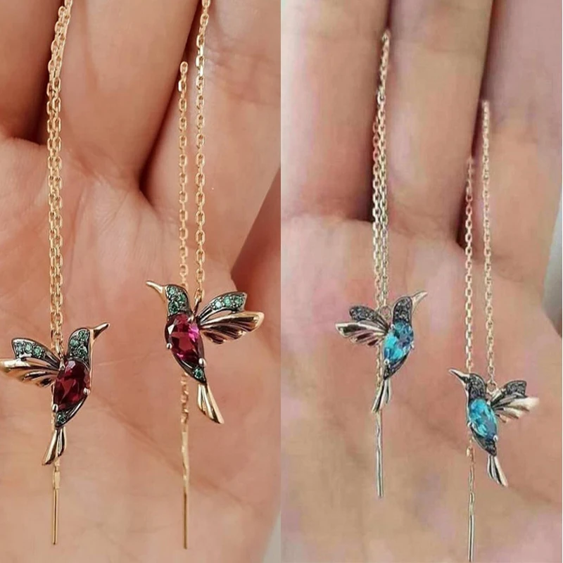 New Unique Little Bird Drop Long Hanging Hummingbird  Earrings For Women Elegant Girl Tassel Crystal Pendant Earring Jewelry