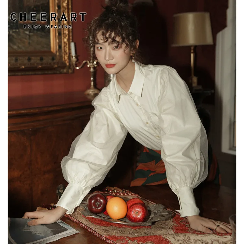 CHEERART винтажные Женские топы и блузки с длинным рукавом рубашка на пуговицах