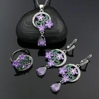 purple amethyst enamel wedding jewelry set for women 925 sterling silver earrings ring pendant necklace romantic jewelry