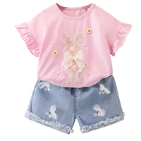 summer kid clothing sets new casual tracksuit cartoon short sleeve blousedenim shorts korean fashion little kids clothes
