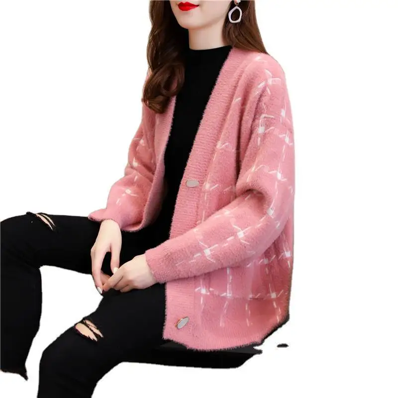 

New autumn 2020 ol temperament cardigan V-neck loose mink sweater women's T-shirt