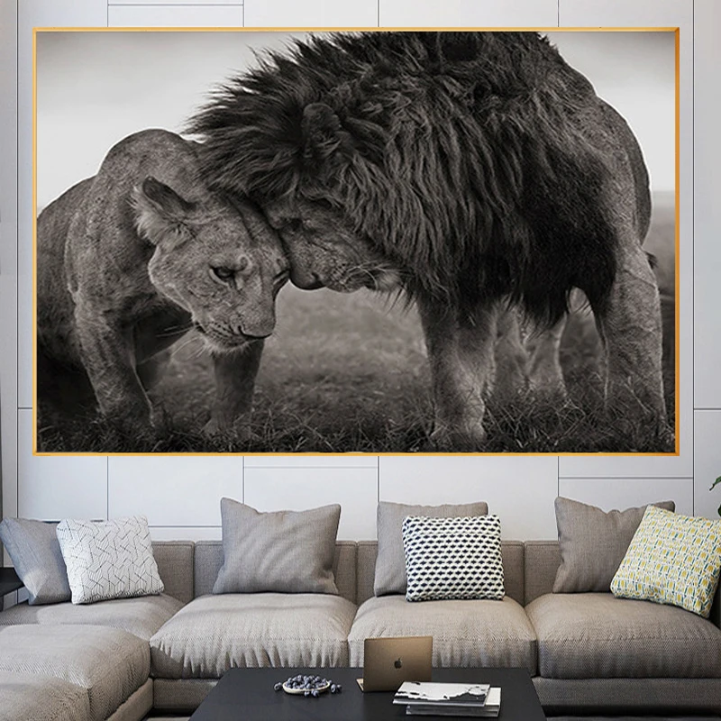 Львы животных черный и белый холст картина стены искусства дикие настенные