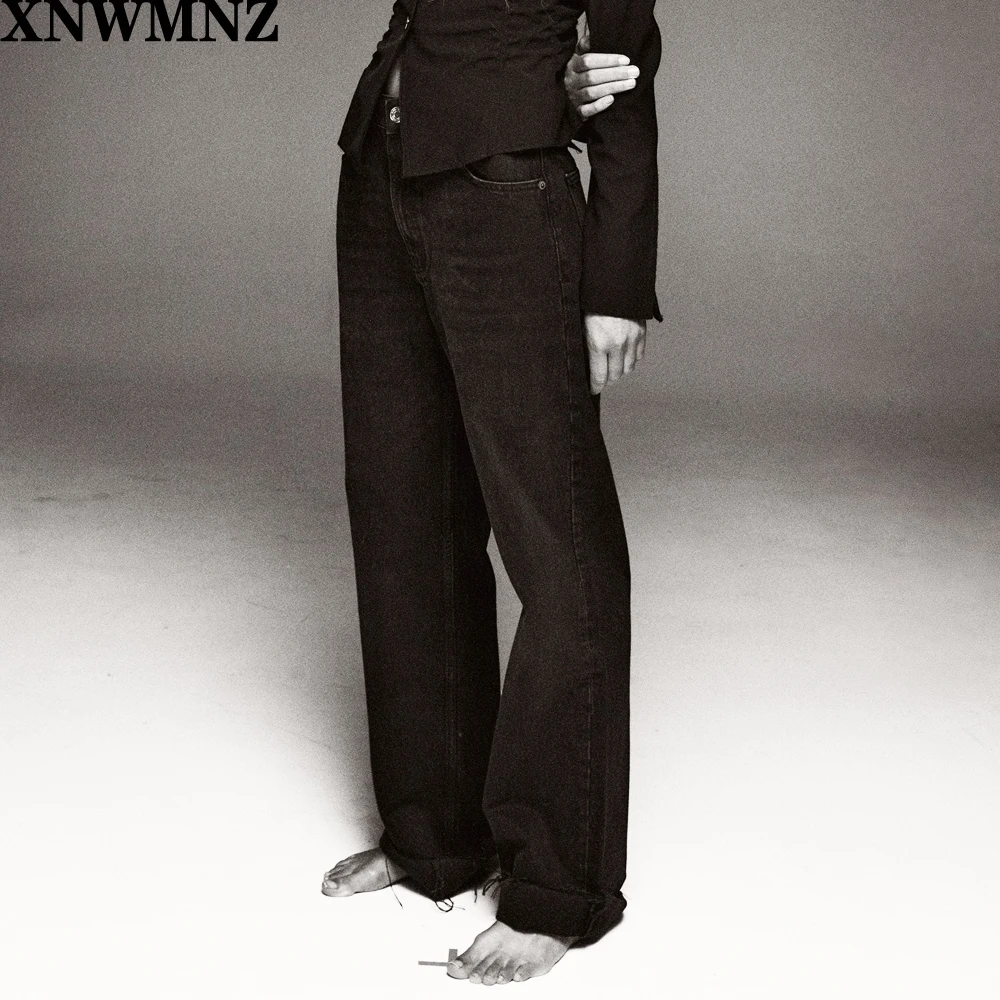 

XNWMNZ Za women Fashion hi-rise wide-leg full length jeans Vintage faded seamless hems High Waist Zipper button Denim Female