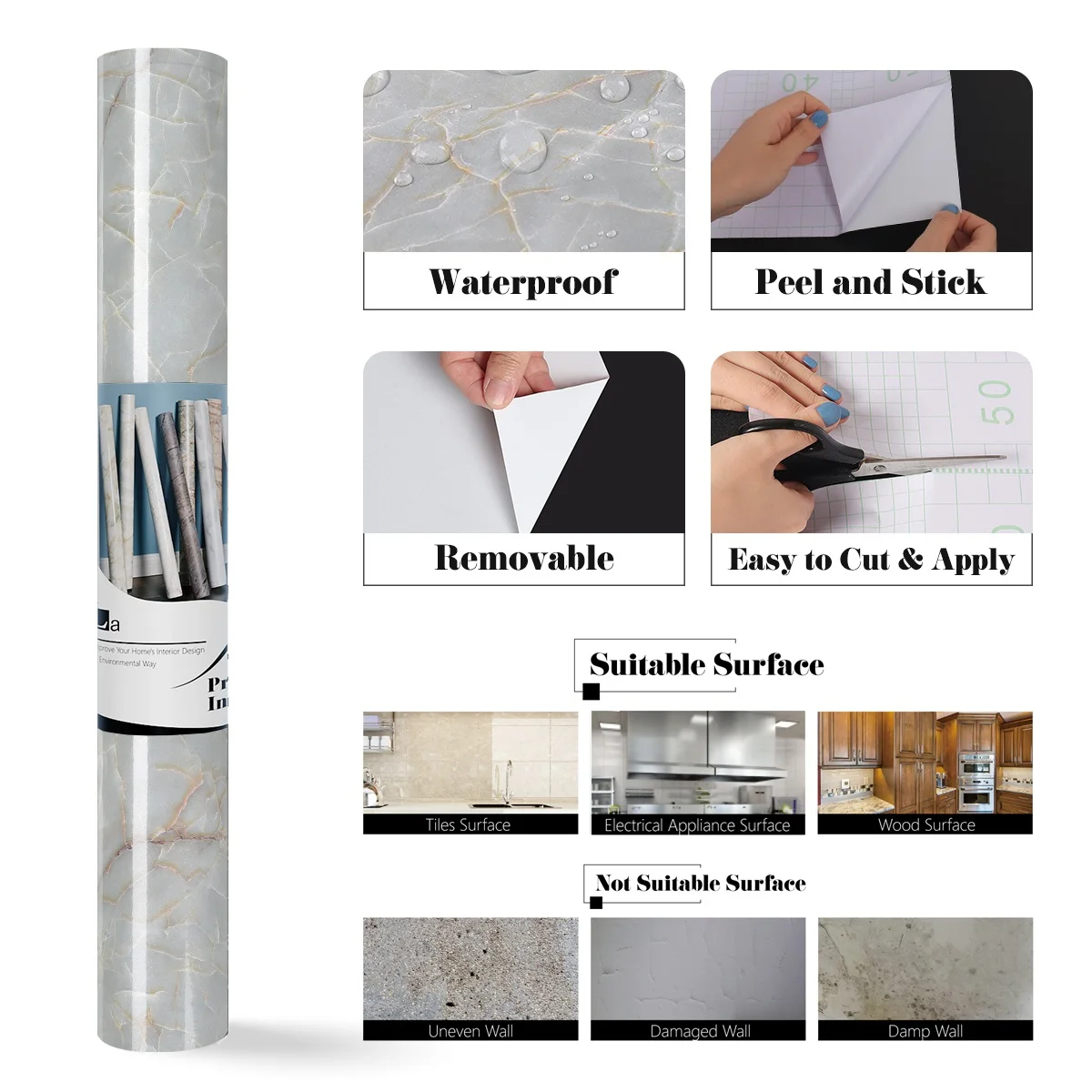 

Waterproof Marble Self Adhesive Wall Stickers Film PVC Waterproof Wallpapers for Kitchen Cabinet Countertops Table Contact Paper