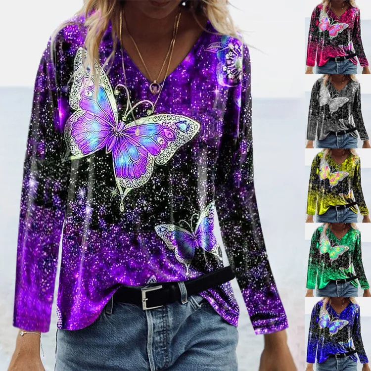 

Retro Butterfly Print Loose Long Sleeve Women's Autumn Casual Round Long Sleeve T-Shirt Retro Streetwear Chic T-Shirt