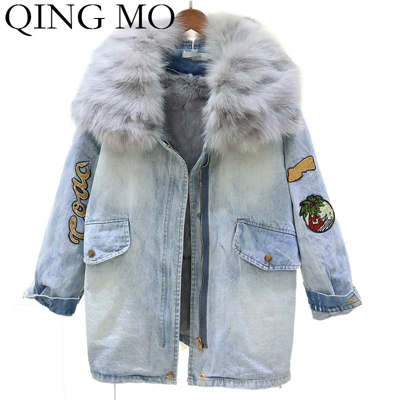 QING MO Женское зимнее джинсовое пальто с капюшоном женское теплое меховым