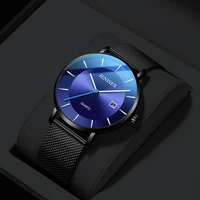 ultra thin mens wrist watches business simple style full stainless steel quartz clock black blue watch men calendar hour a3563