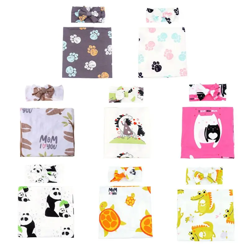 

Newborn Receiving Blanket Headband Set Cartoon Animal Baby Cotton Swaddle Wrap K1KC