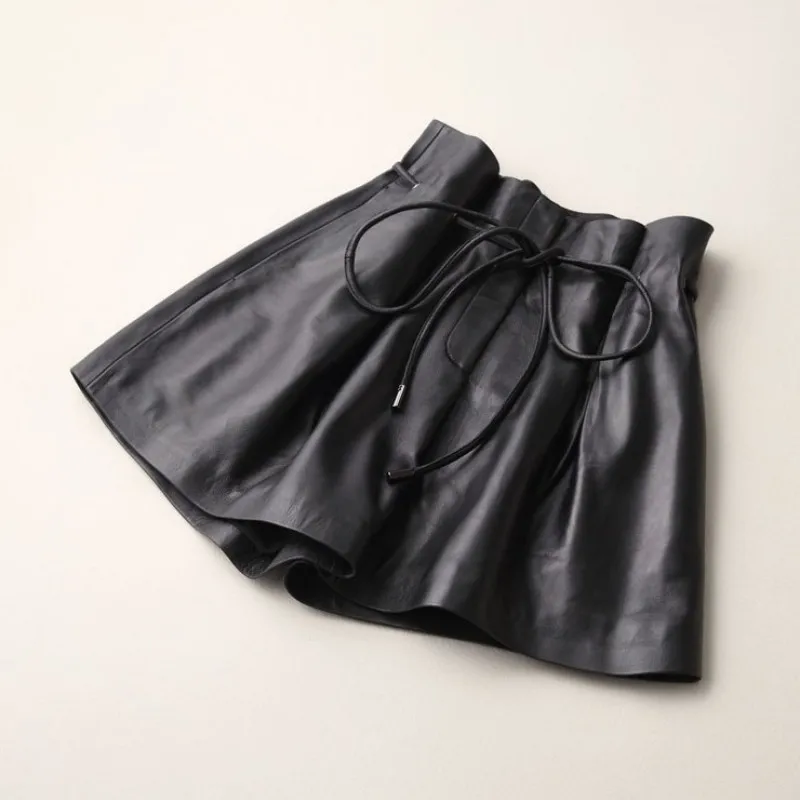 Real Genuine 100% Leather Shorts New 2021 Spring Fall Lace Up Sheepskin Shorts Women Size 2XL Free Shipping Wide- legged Shorts