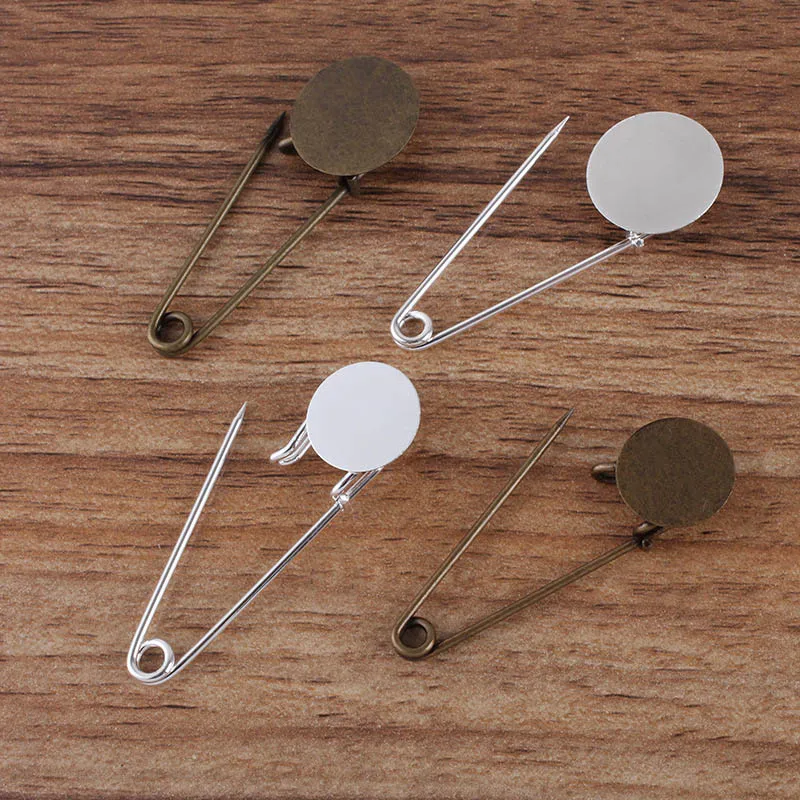 200pcs Antique Bronze tone Safety pins with 15mm 18mm Flat Circle Pad Cabochon Base Setting Brooch Pin Blanks DIY Jewelry Making