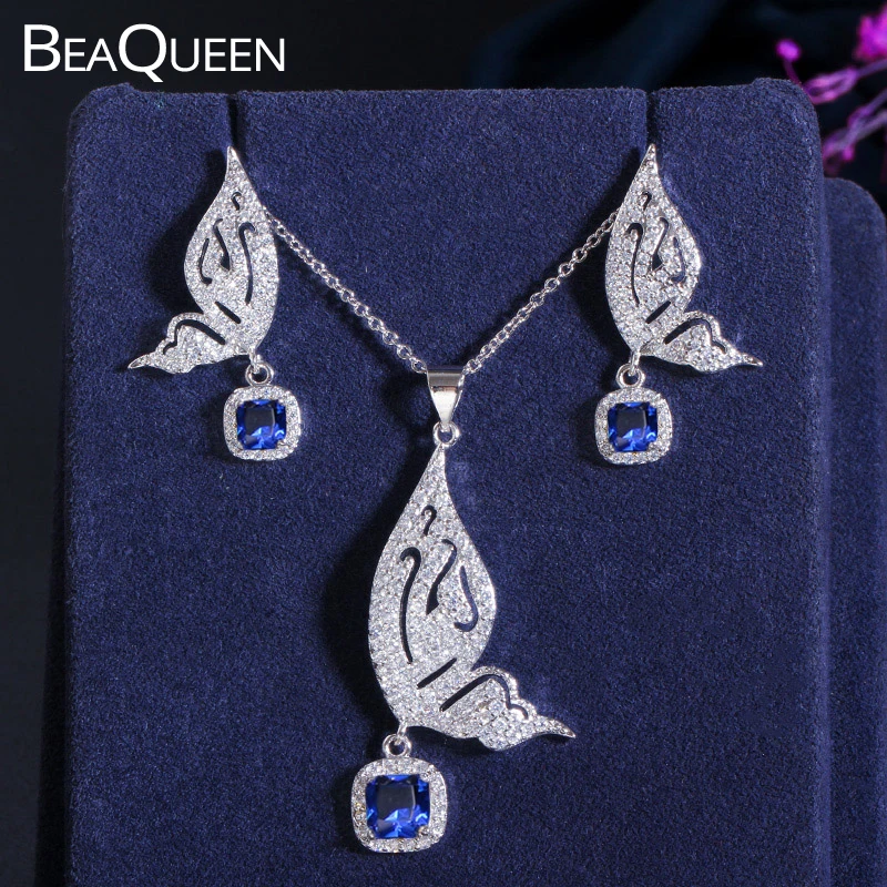 Женский комплект украшений BeaQueen серьги и ожерелье с голубым камнем в форме