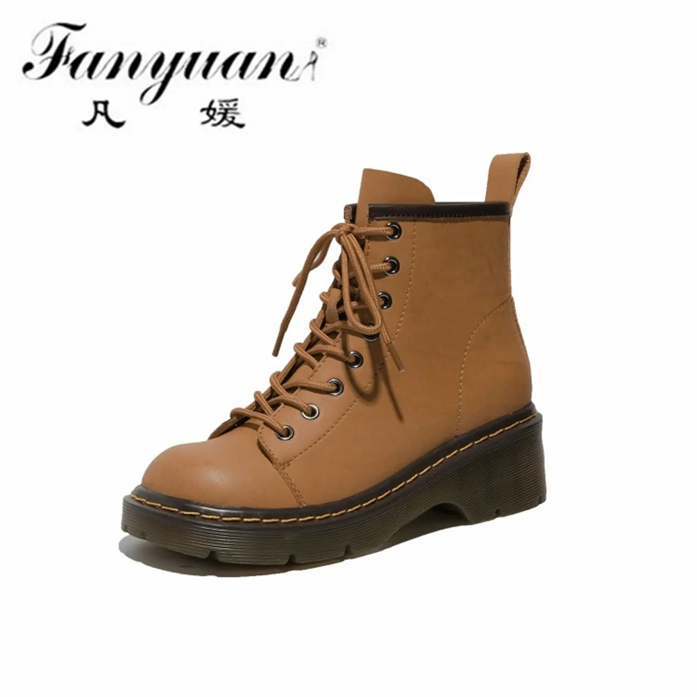 Online Fanyuan Sepatu Bot Pergelangan Kaki Wanita Santai Netral Sepatu Hak Tebal Kulit Asli Berenda Klasik Mode Terbaru Musim Gugur Musim Dingin