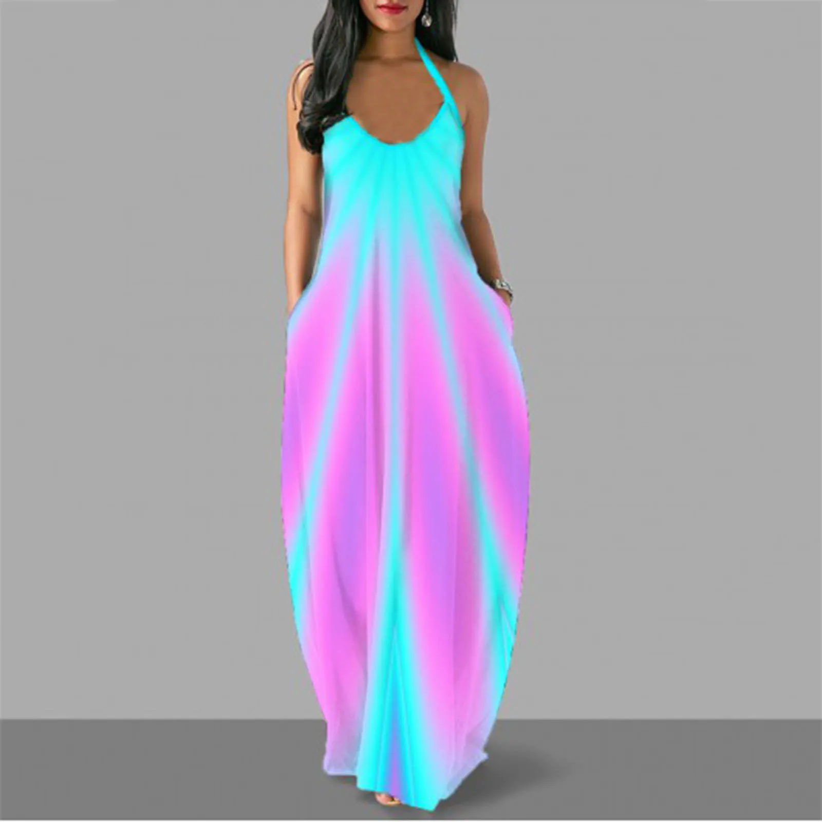 

40# Gradient Maxi Dress Women Summer Spaghetti Strap O-neck Maxi Dress Plus Size Pullover Long Dresses For Women 2021 Robe Femme