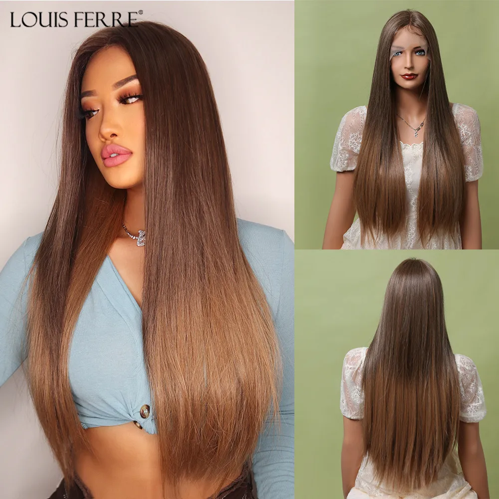

LOUIS FERRE 13*1 Synthetic Lace Wig Long Straight Brazilian Wigs Heat Resistant Fiber Ombre Brown Lace Wig for Black Women