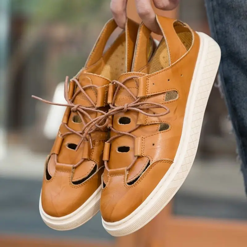 

2021 Summer New Men's PU Fashion Flat Bottom Lace Up Hollow Casual Shoes Trend Outdoor Shoes Breathable Classic Hot Sale AQ109