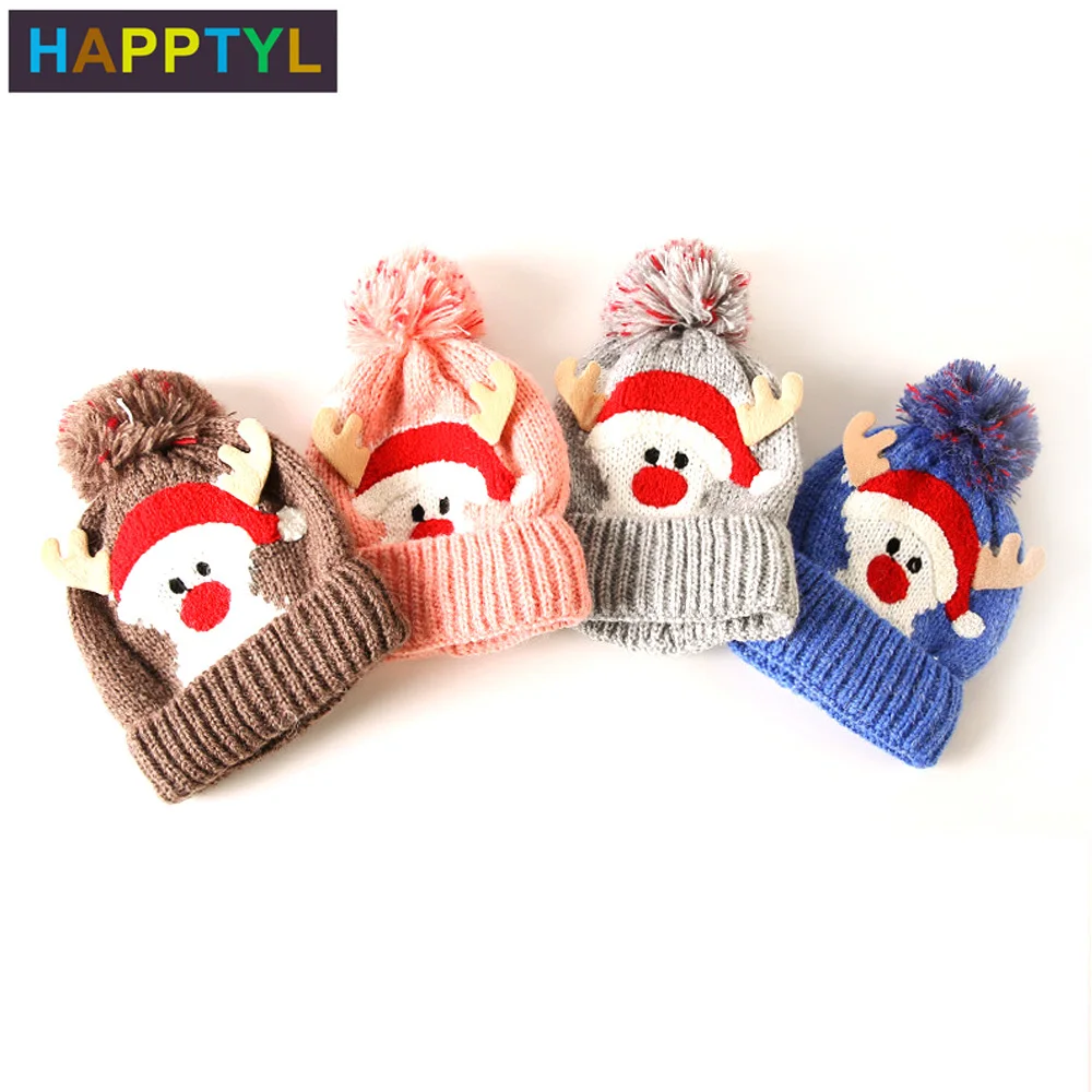 HAPPTYL 1 шт зимняя детская теплая шапка шапки Санта Клаус вязаный шарик шапочка для