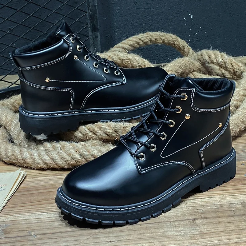 

Man Solid Black Fashion Boots New Working Shoes Outdoor Leather Shoes
