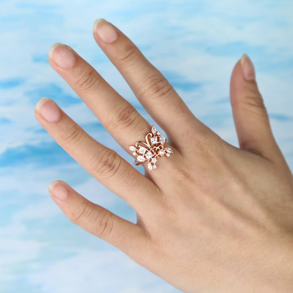 Роскошное кольцо с бабочкой розовое золото микро паве Белый cz Сверкающее большое