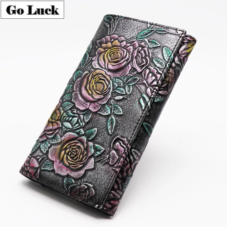 Бренд GO-LUCK, Ретро стиль, натуральная кожа, 3D клатч с цветочным принтом, кошелек, женский, три сложения, на застежке, кошелек, для девушек, для сотового телефона, для карт, чехол для монет