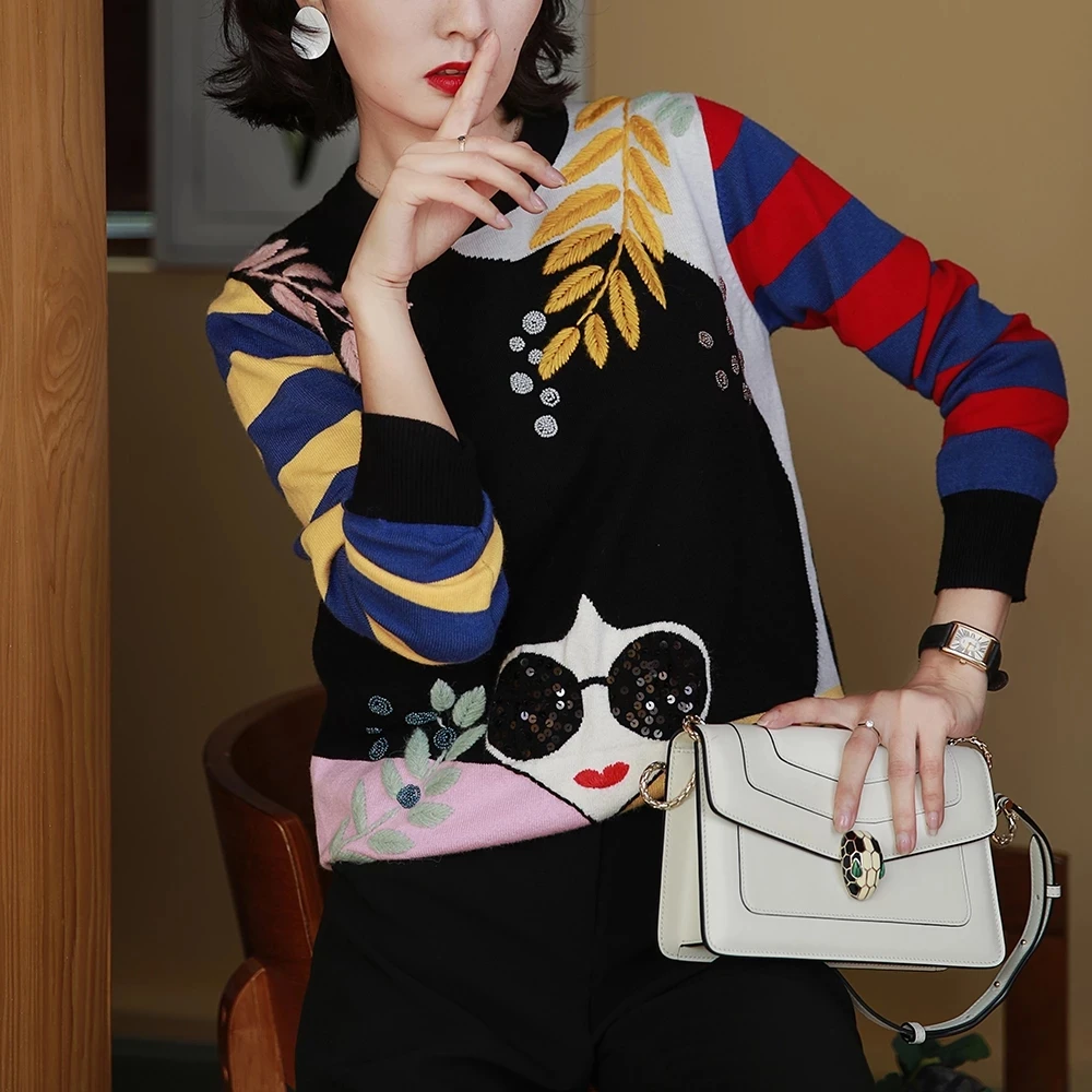 

Зимние контрастные полосатые солнцезащитные очки с блестками, вязаный свитер для женщин, модный универсальный пуловер