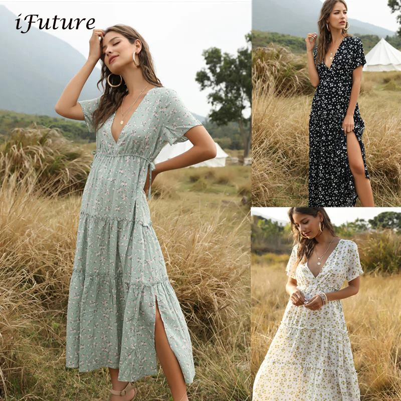 

2020 Summer Beach Holiday Dress Women Casual Floral Print Elegant Boho Dress Ruffle Short-Sleeve V-neck Sexy Party Robe