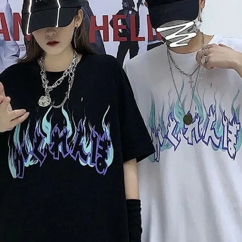 

women's t-shirt Summer Text flame short-sleeved t-shirt women loose top harajuku vintage clothes Female clothing Oversize tops