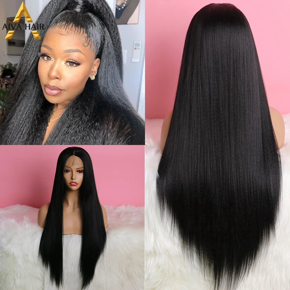 Парик AIVA из термостойких синтетических волос без клея длинный прямой черный YAKI