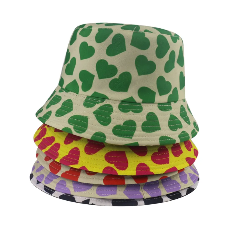 

2021 Spring and Summer Panama Double-sided Bucket Hat Love Print Fisherman Hat Men's and Women's Fashion Foldable Bob Hat
