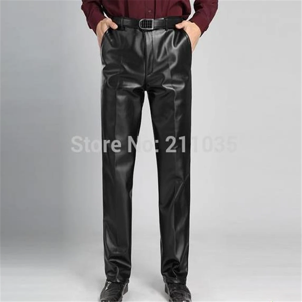 Мужские осенне-зимние прямые брюки из искусственной кожи с высокой талией -