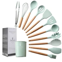 non stick silicone cooking utensils set spoon shovel new wooden handle cooking tools with storage box kitchen pastry tools