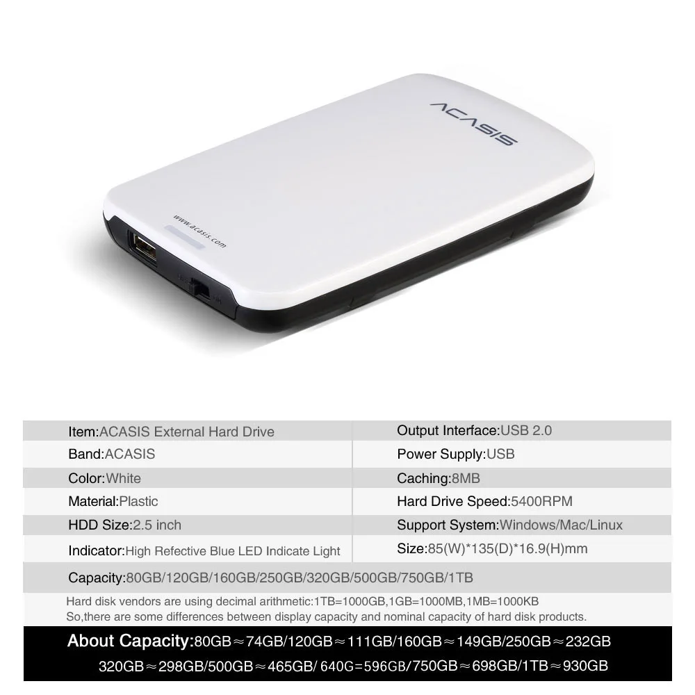 Портативный внешний жесткий диск ACASIS HDD накопитель 60 ГБ 80 120 160 Гб 250 г 320 500 1 ТБ или