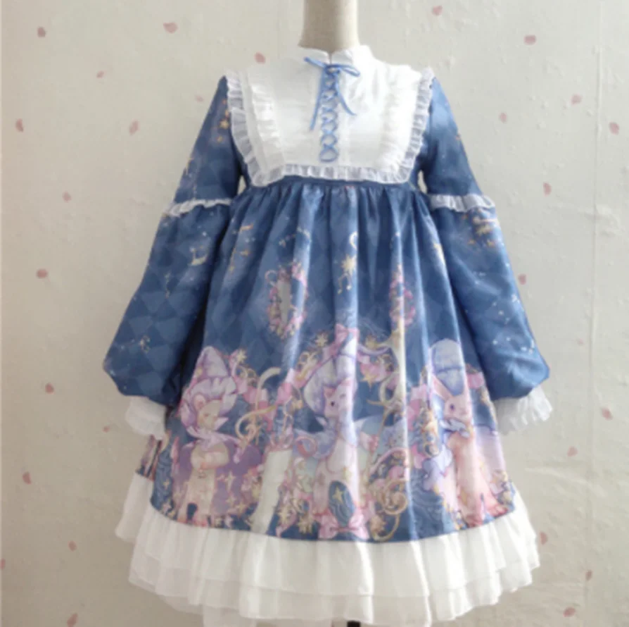 

Kawaii/готическое платье лолиты для девочек; милое японское платье лолиты; винтажное платье с рукавами-фонариками и высокой талией; милое платье с принтом в викторианском стиле