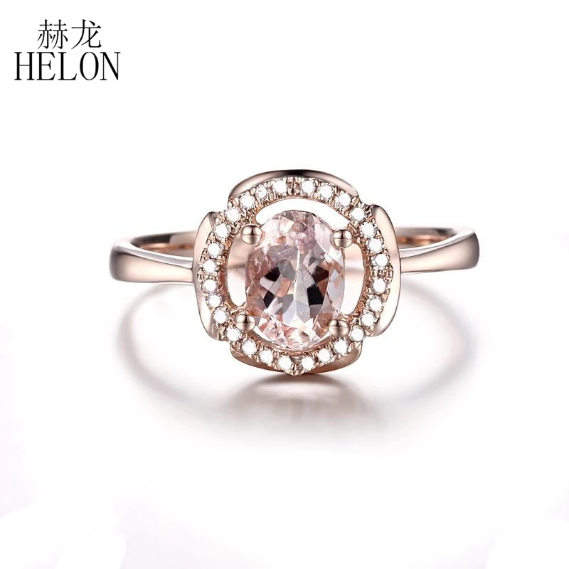 

HELON Solid 14K Rose Gold 7x5mm Oval Genuine Morganite Diamonds Engagement Ring Women Wedding Trendy Fine Jewelry Diamond Ring