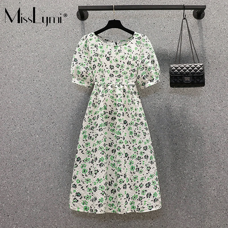 

Женское платье с буффами на рукавах, зеленое платье с цветочным принтом, размеры до 4XL