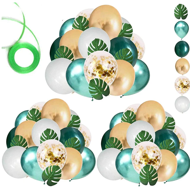 

68Pcs Jungle Safari Baby Shower Balloons,Green White Gold Confetti Balloons With Palm Leaves For Kid Birthday Decoration