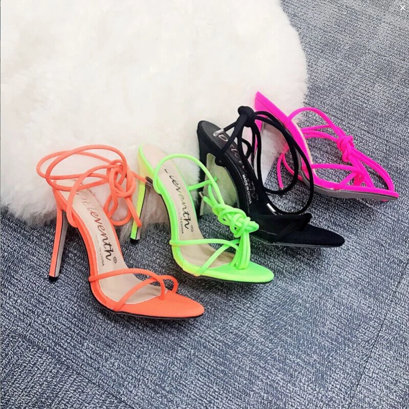 

Candy Color Women Sandals 2021 European Summer Point Toe Ankle Strap Sandals 11.5cm High Heels Lady Thin Heel Sandals Plus Size
