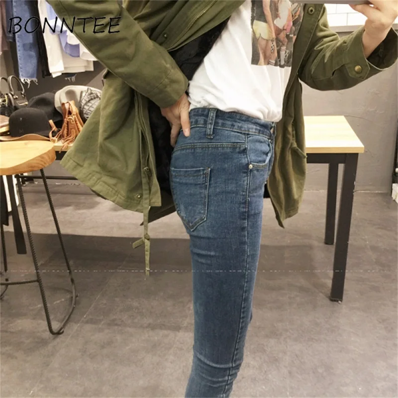 Джинсы рваные обтягивающие высокая талия женские тонкие универсальные