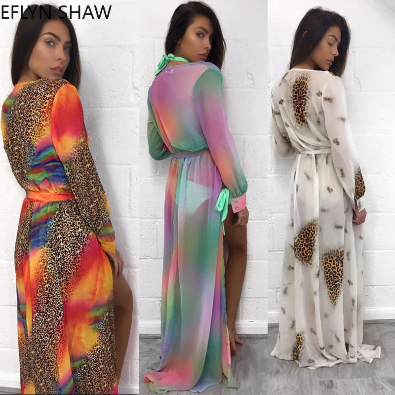 Женское пляжное платье с длинным рукавом шифоновое макси-платье глубоким