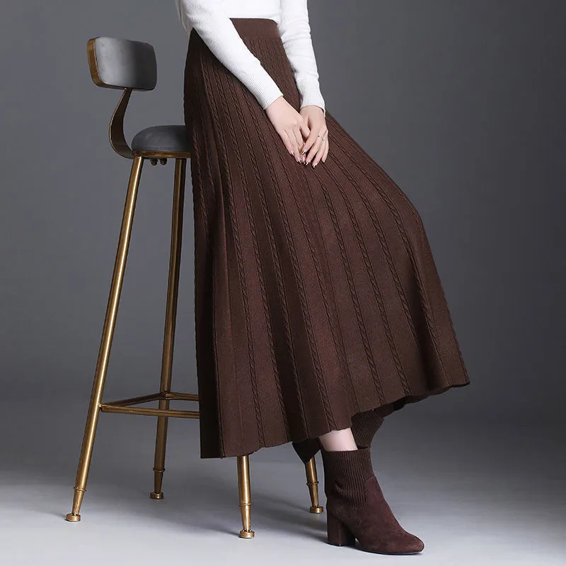 Зимняя плотная теплая Женская плиссированная юбка с высокой талией, вязаный свитер, юбки, Корейская Осенняя длинная трапециевидная юбка ср...