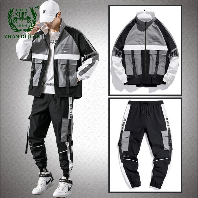 Костюм мужской из куртки и брюк пэчворк на молнии с лентами брюки-карго стиль