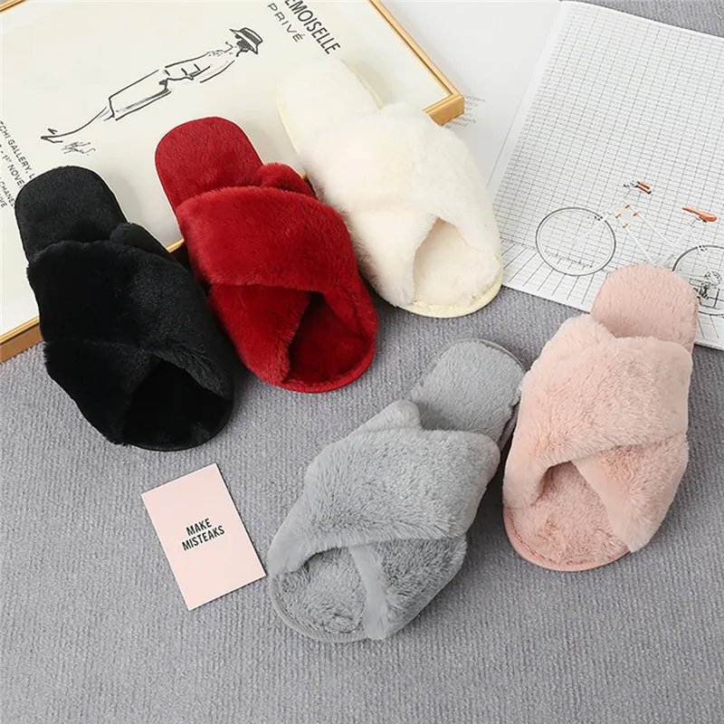 

Women Fashion Warm Fluffy Slippers Cozy Faux Fur Cross Indoor Floor Slides Flat Soft Furry Ladies Female Celebrities Flip Flops