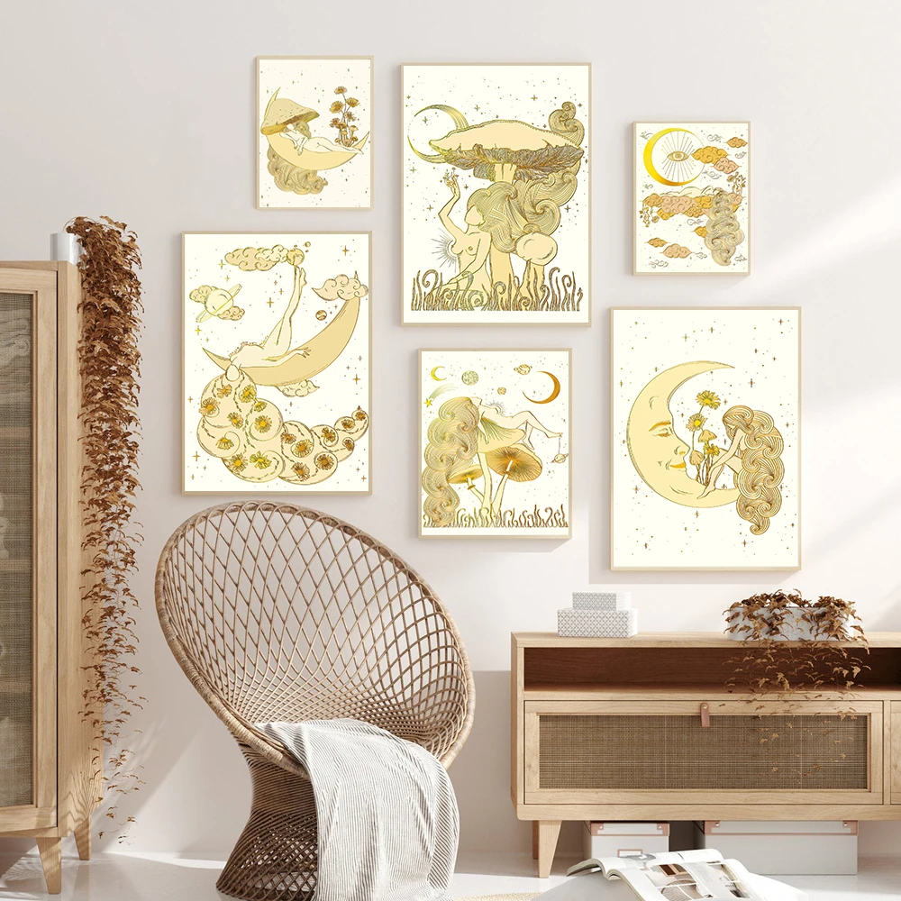 

Картина на холсте с психоделическими грибами в стиле бохо, настенные постеры и принты в скандинавском стиле, настенные картины для украшени...